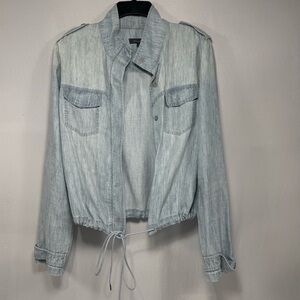 Linen Blend Level 99 Light Blue Chambray Utility Bomber Jacket Size L Large